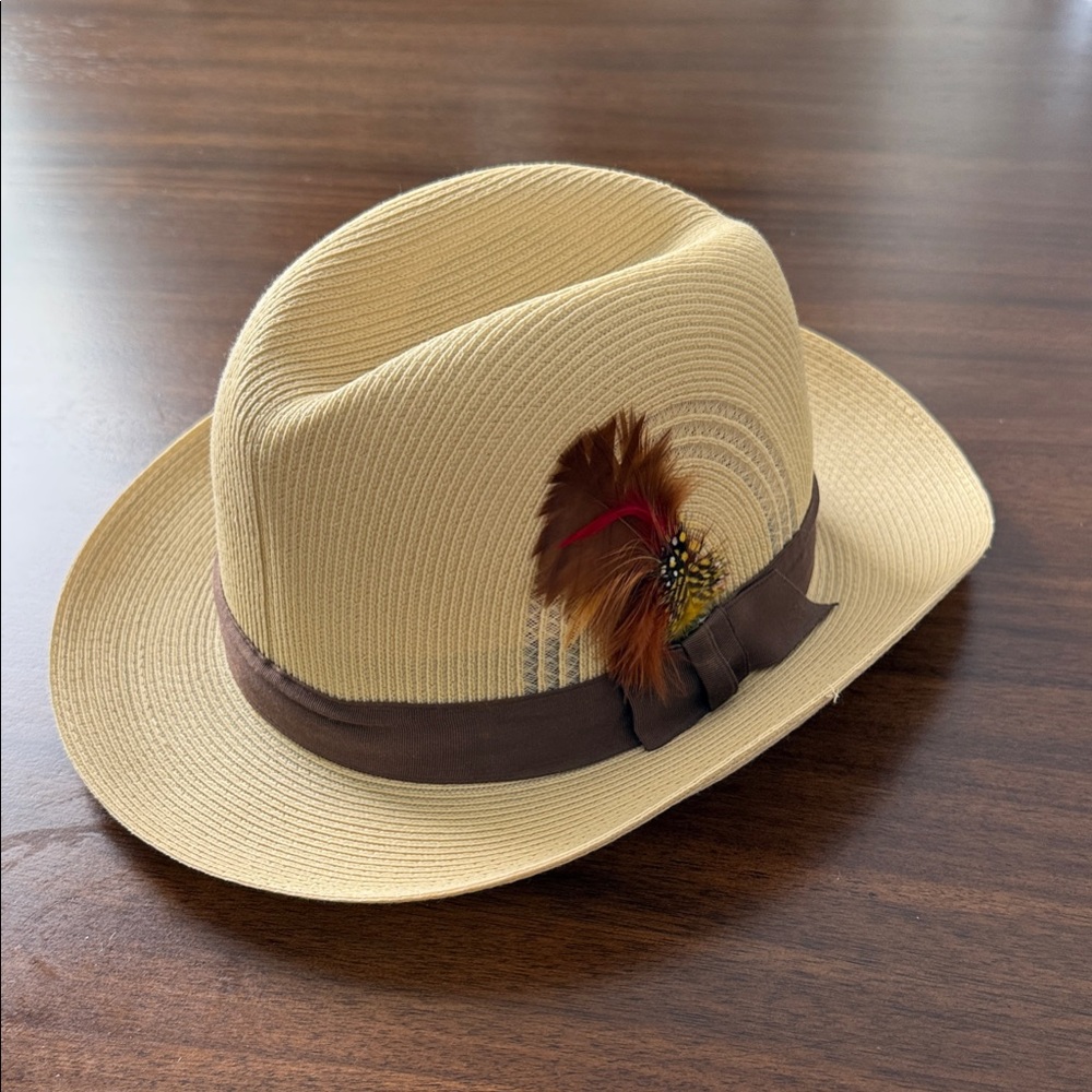 Classic Tan Fedora Hat with Feather Accent